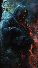 Hooded soldier stalks through blazing, rain-soaked jungle night