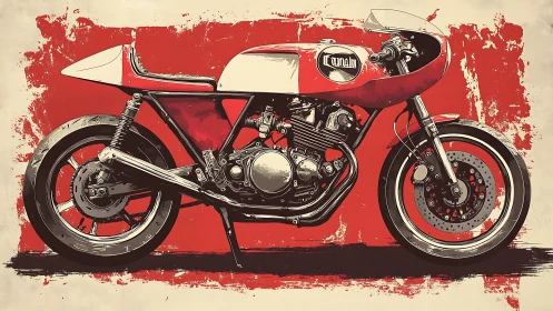 Vintage red cafe racer motorcycle in bold graphic style.