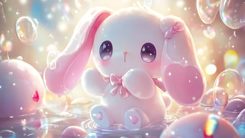 Pastel rabbit figurine sits in reflective liquid with bubbles