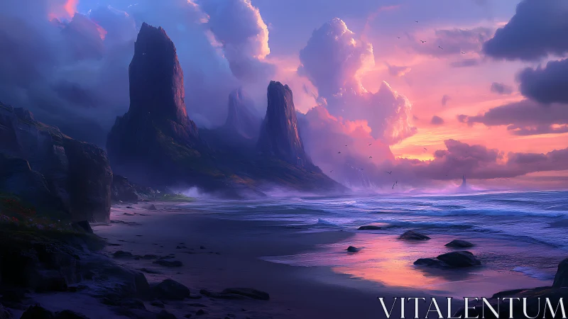 Luminescent coastal cliffs under cinematic fantasy sunset glow.