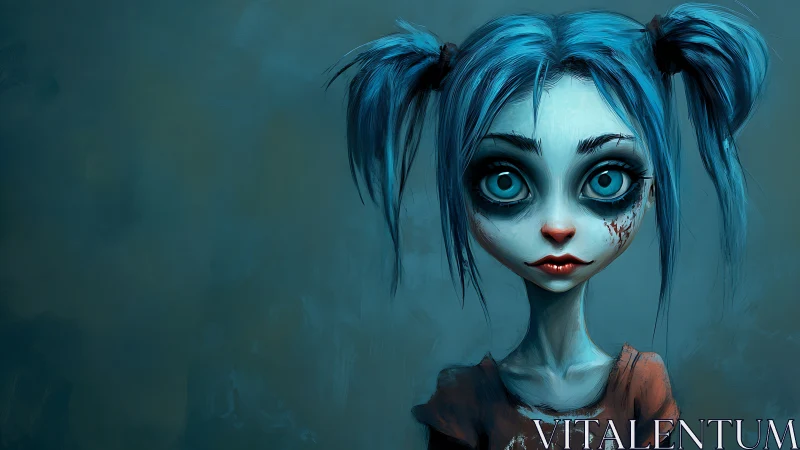 Wide-eyed blue-haired waif quietly haunts the teal dusk