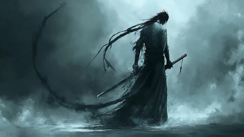 Stormlit samurai stands calm as shadows curl around him