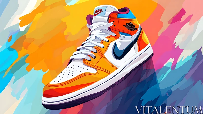 Colorful sneaker floats over bold abstract paint swirls
