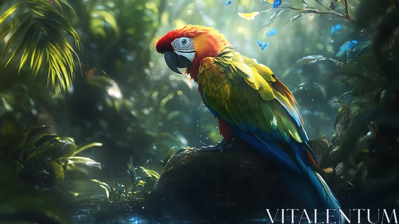 Vibrant macaw resting on mossy rock in lush jungle light.