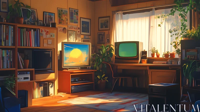 Cozy study room shows retro televisions, bookshelves and plants