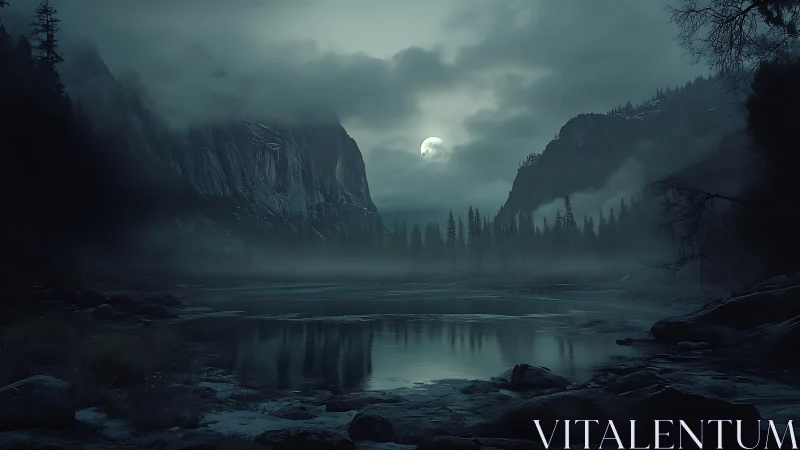Moonlit mist haunts a silent mountain lake at midnight.
