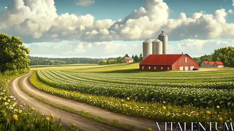 Sunlit country farmstead with red barn and curving lane.