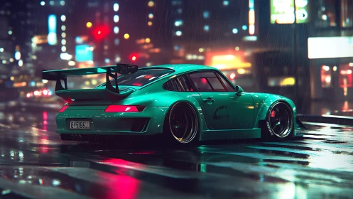 Widebody teal sports car idles in neon-lit rainy city street