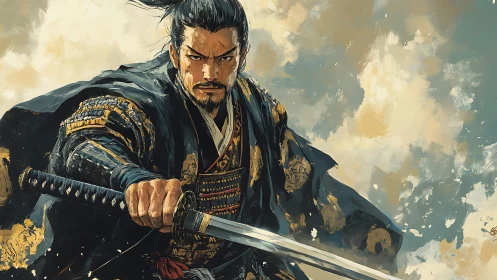 Samurai warrior lunges forward in dynamic digital brushwork.