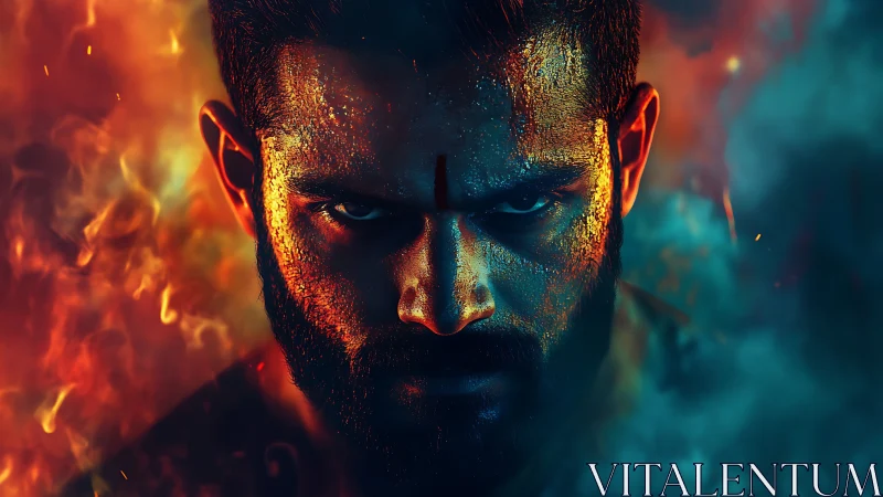 Warrior face emerges through fire and smoke, eyes blazing.