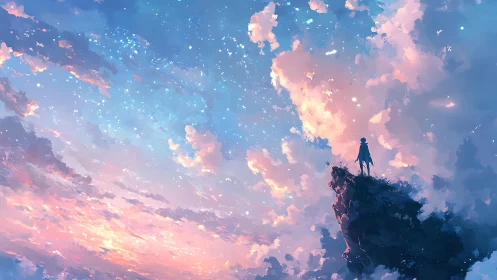 Digital painting of lone figure on cliff under luminous sky.