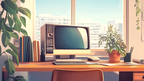 Retro desktop computer on tidy sunny office workspace.