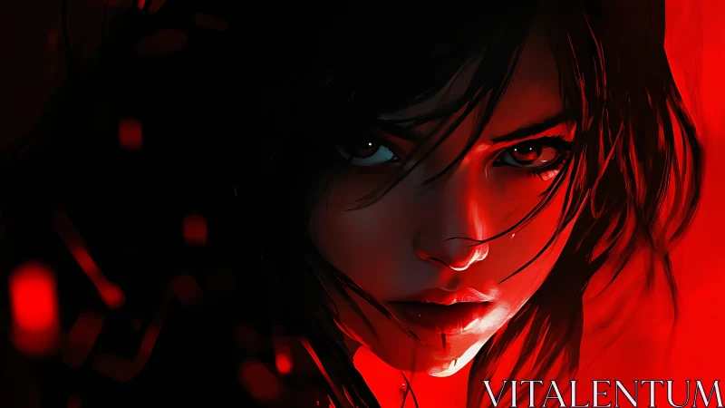 Cinematic close-up of intense female face under red rim lighting