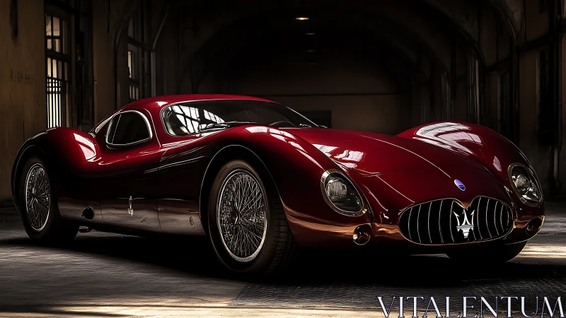 Vintage-style Maserati sports coupe sits in dim industrial hall