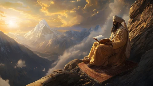 Digital painting of solitary sage reading above sunlit peaks.