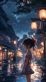 Rain-glossed lantern street with contemplative girl profile.