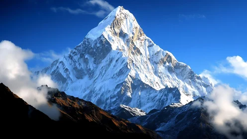 Snow covered mountain peak under clear blue sky at sunrise.