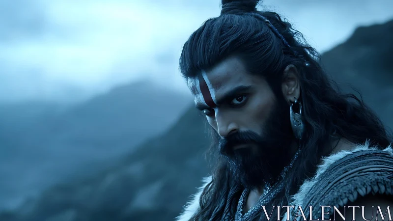 Cinematic warrior portrait in cold desaturated mountain light.