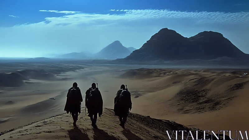 Desert travelers cross vast dunes toward distant blue mountains