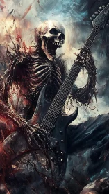Skeletal metal guitarist roaring amid infernal stormscape.