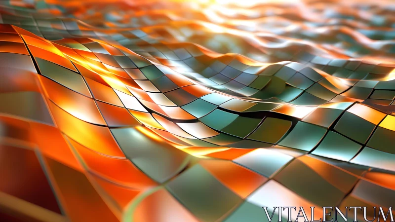 Abstract metallic waves with glowing orange and teal tiles.
