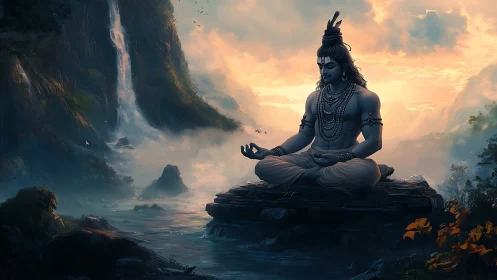 Himalayan ascetic meditating by cascading waterfalls at dawn.