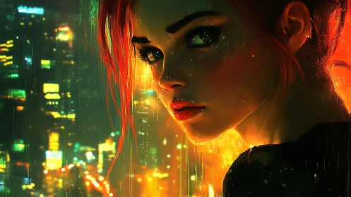Neon backlit portrait isolates a reflective woman amid blurred city