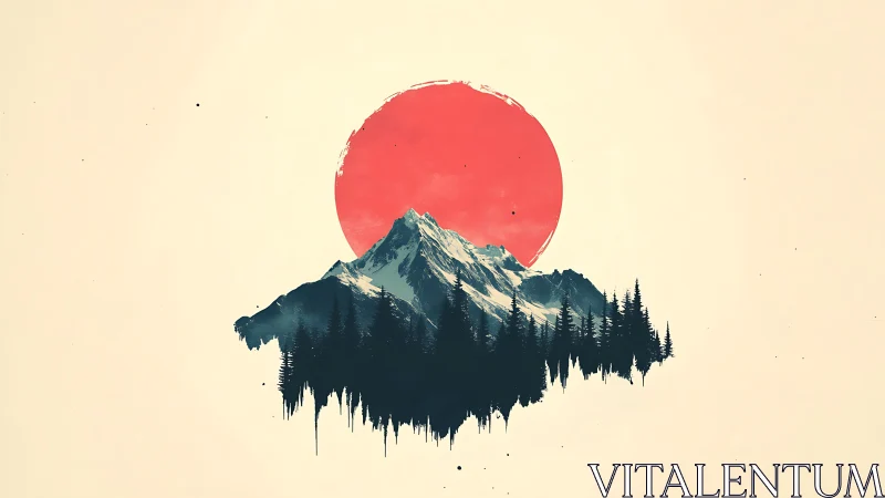Minimalist alpine silhouette under bold crimson sun disc.