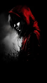 Shadowed figure in a crimson hood, pausing between worlds.