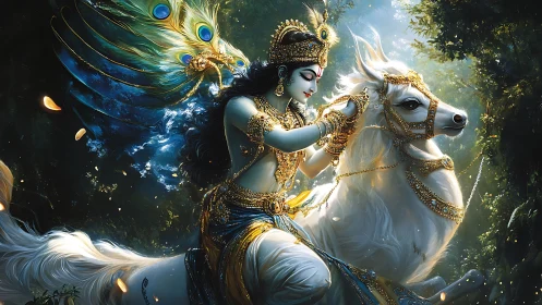 Divine rider on jeweled white steed in high-detail digital scene