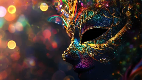 Glittering carnival mask with vibrant jeweled filigree.