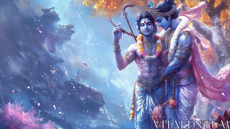 Divine blue figures share a serene embrace amid blossoms.