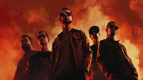 Bold band stands united in a fiery, dramatic sunset glow.