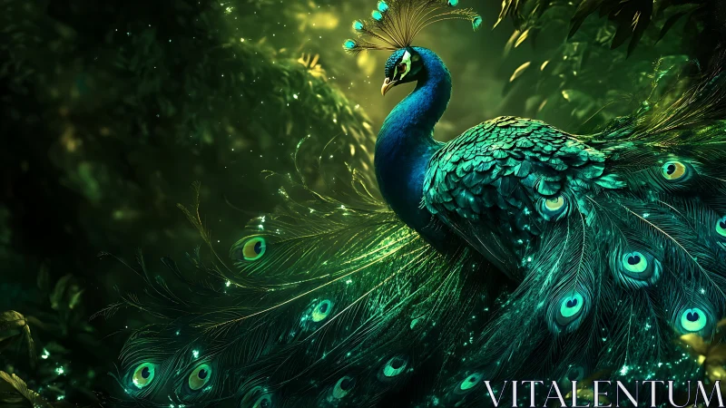 Emerald forest peacock spreads iridescent tail plumage