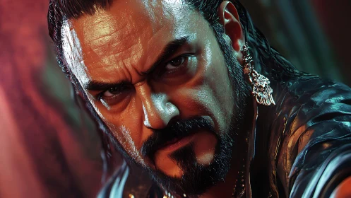 Storm-lit rebel with piercing gaze and silver skull charm.