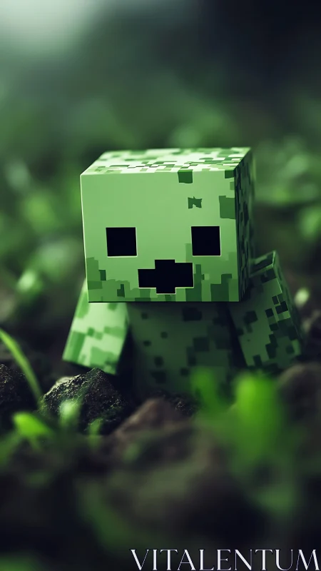 Shy pixel creeper wanders softly through mossy blurlands.