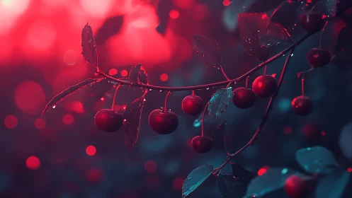Cherry branch with water droplets under strong red lighting