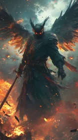 Dark winged warrior with fiery sword in burning sky.
