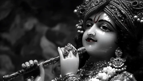 Graceful flute player statue bathed in gentle monochrome light.