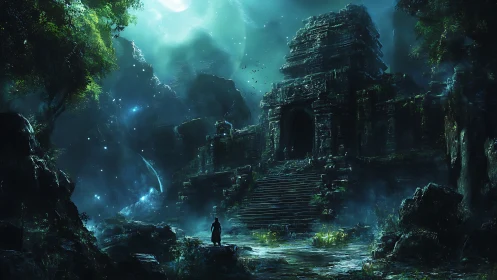 Ancient jungle temple glows beneath an eerie teal moon.