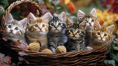 Five Tabby Kittens in Woven Basket with Florals.