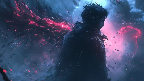 Brooding winged wanderer glowing in stormy neon skies.