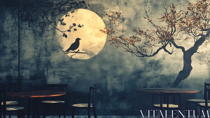 Caf&eacute; interior with moonlit bird mural and silhouetted seating