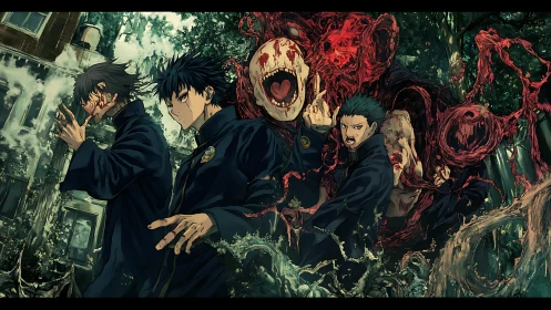 Dark sorcerers battling grotesque blood-twisted abomination