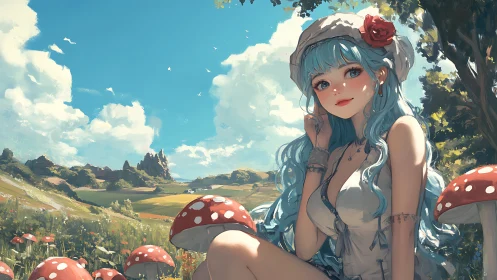 Blue-haired girl seated in rural meadow with red mushrooms.