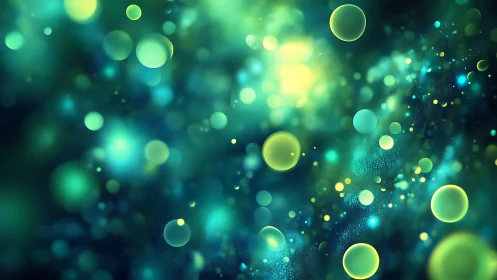Abstract glowing green and yellow bokeh lights on dark background.