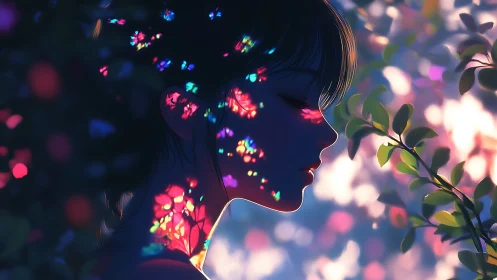 Side profile portrait with prismatic bokeh over foliage.