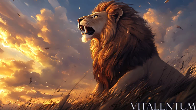 Majestic lion against dramatic golden sunset sky.