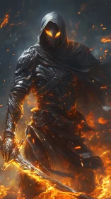 Hooded fiery warrior stands in molten armor amid flames