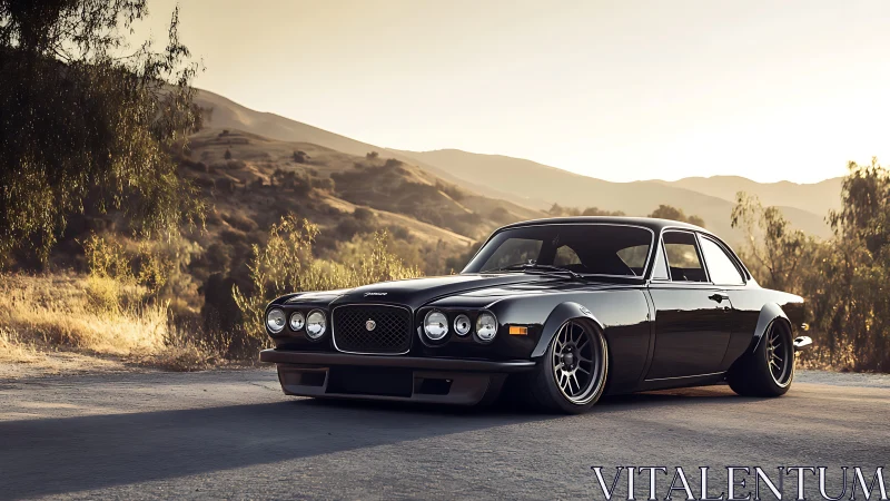 Low-slung classic coupe is parked on a rural mountain road